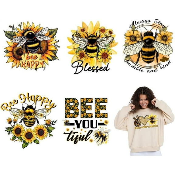 6PCS Bee Sunflower Iron on Transfer Paper Blessed Heat Transfer Sticker Patches forDIY Clothes Letters Decor DTF Transfers Ready to Press
