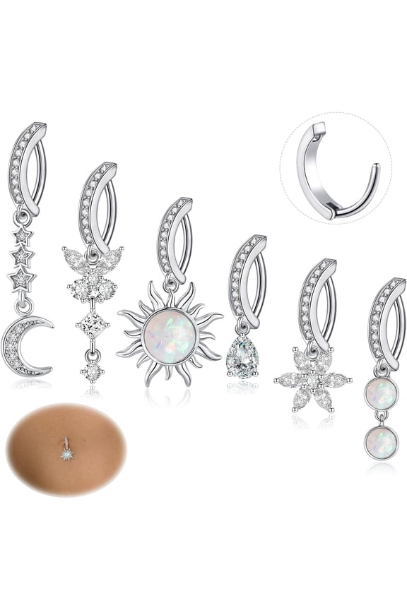 6PCS Belly Button Ring 14G 1.6MM Clicker Stainless Steel Butterfly Sun Star Moon CZ Opal Dangle Belly Rings Simple Reverse Navel Rings Body Belly Piercing Jewelry for Women