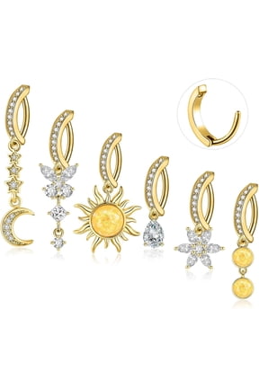 6PCS Belly Button Ring 14G 1.6MM Clicker Stainless Steel Butterfly Sun Star Moon CZ Opal Dangle Belly Rings Simple Reverse Navel Rings Body Belly Piercing Jewelry for Women