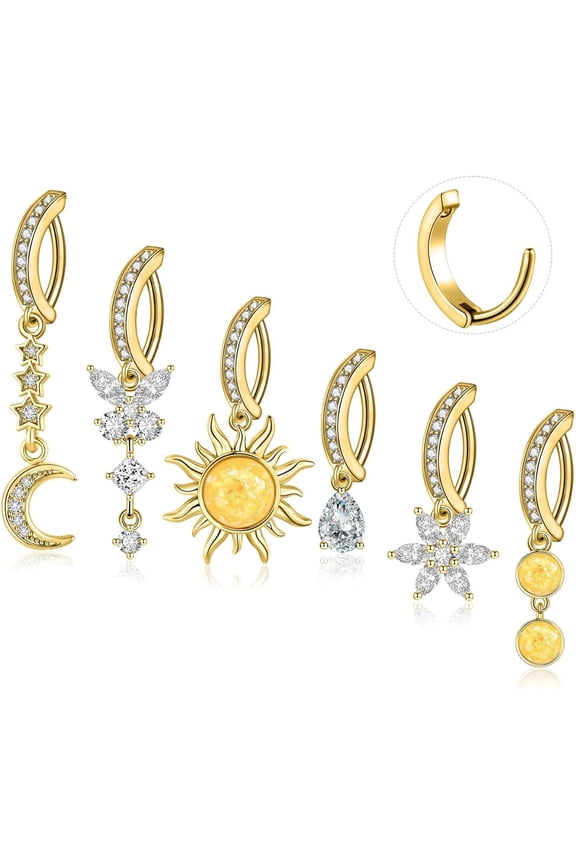 6PCS Belly Button Ring 14G 1.6MM Clicker Stainless Steel Butterfly Sun Star Moon CZ Opal Dangle Belly Rings Simple Reverse Navel Rings Body Belly Piercing Jewelry for Women