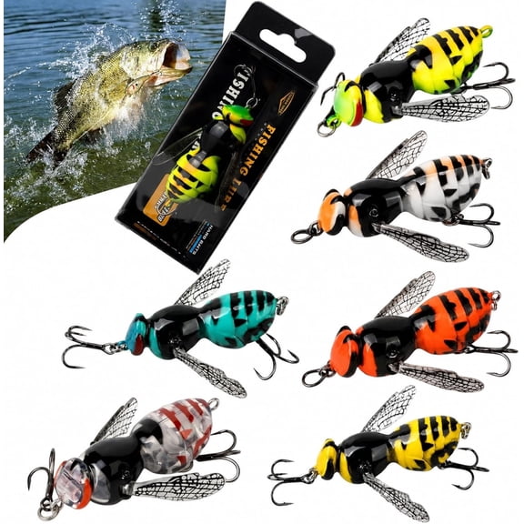 6PCS Bionic Wasp Topwater Lure,Top Water Fishing Lures,Topwater Lures for Bass Walleye Pike,2026 Wasp Crawl Bait for Freshwater and Saltwater-Floating Hard Bait w/Carbon Steel Treble Hooks
