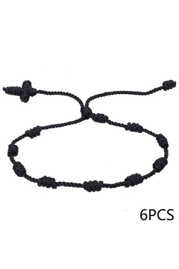 6PCS Black Handmade Lucky Knot Cord Bracelets, Minimalist Friendship Style For Adults