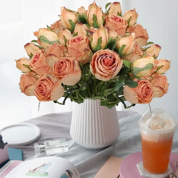 6PCS Blue Artificial Rose Bouquet, Realistic Fake Flowers for Wedding Decor, Home Office Party Arrangements, and Photo Props (14.57 inch) Orange
