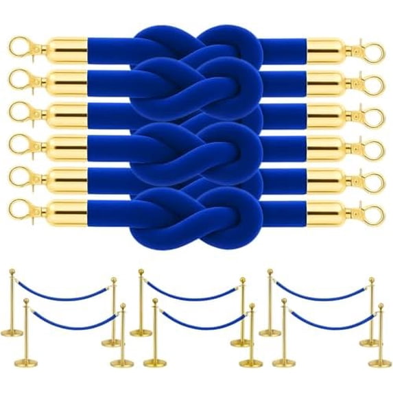 6PCS Blue Velvet Rope 5 Foot with Gold Hooks – Premium Stanchion Rope ...