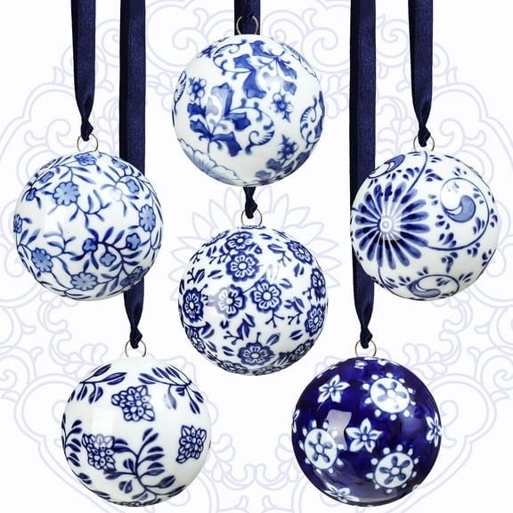 6PCS Blue and White Christmas Porcelain Balls, Chinoiserie Ornament, 2.4inches Ceramic Hanging Balls for Christmas Tree, Hanging Decorative for Tree Home Xmas Party