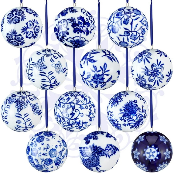 6PCS Blue and White Christmas Porcelain Balls, Chinoiserie Ornament, 2.4inches Ceramic Hanging Balls for Christmas Tree, Hanging Decorative for Tree Home Xmas Party