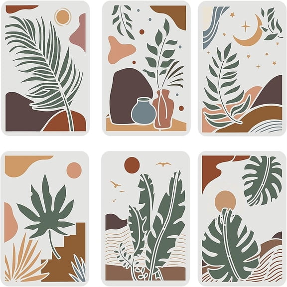 6PCS Boho Leaves Painting Stencil 11.7x8.3 inch Plants Hill Sun Moon Vase Nature Stencil Tropical Plant Stencil Summer Pattern Reusable StencilsDIY