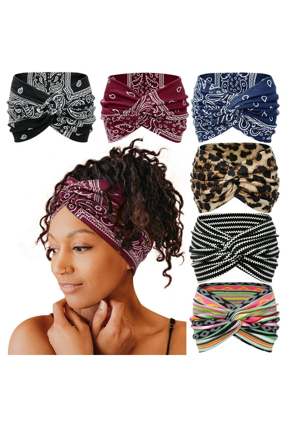 6PCS Boho Wide Headbands for Women Thick Turban Headbands Large African Headband Sport Yoga Black Stylish Head Wraps