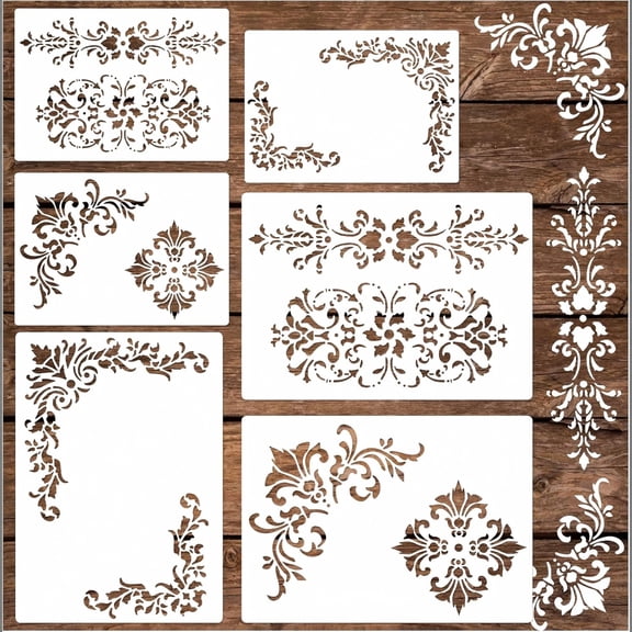 6PCS Border Stencil Craft Paint Template Plastic Stencils for Wood Wall Fabric Reusable Floral Corner DIY Art Decor,D-6PCS