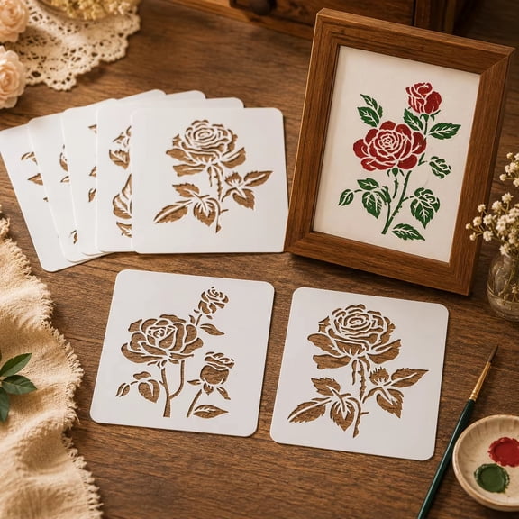 6PCS Border Stencil Craft Paint Template Reusable Floral Corner Stencils for Crafts Folk Art Flower Vines DIY Painting on Wood Furniture Wall Canvas Floor,O-6PCS