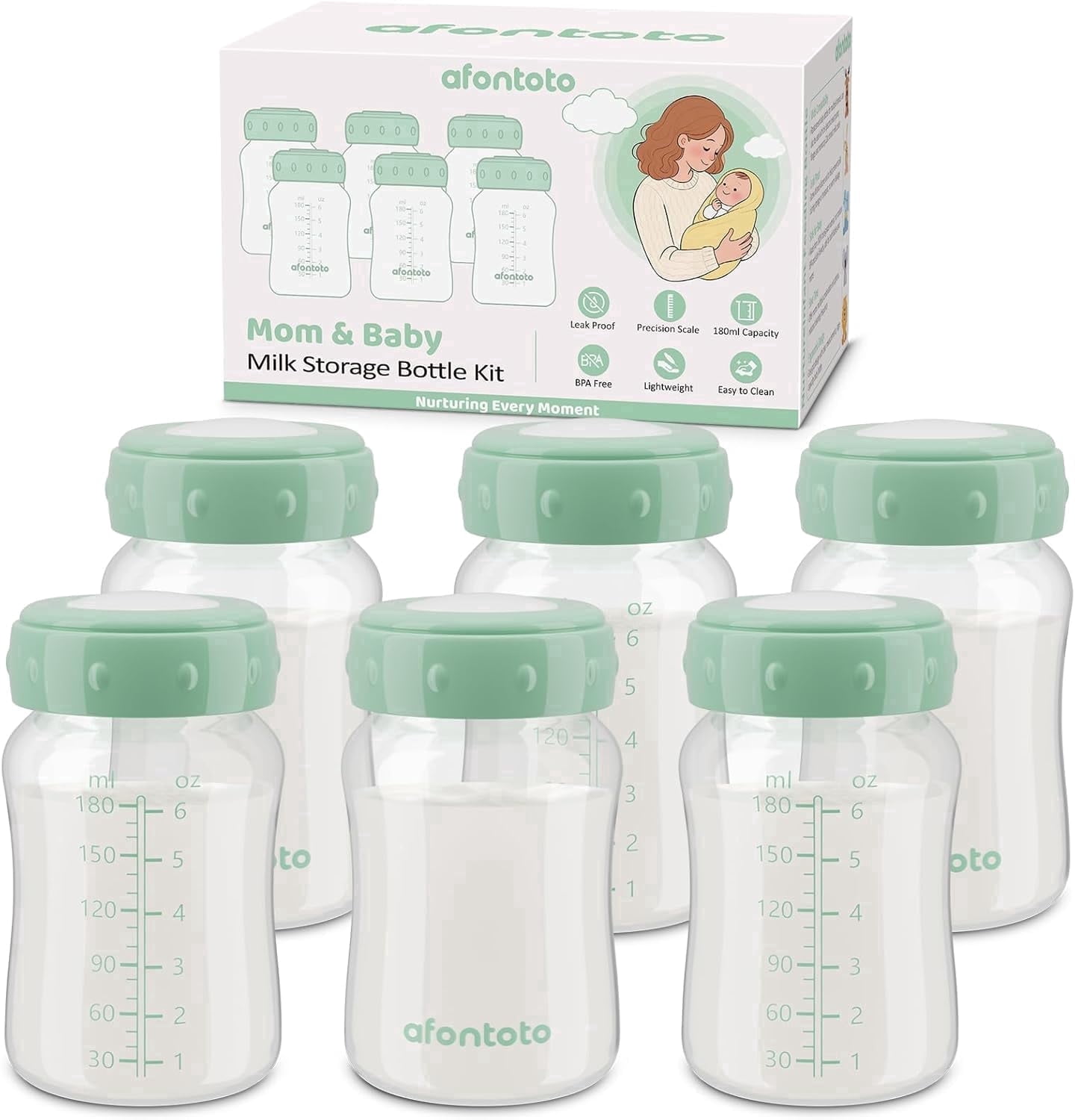 Breast Milk Storage Bottles Compatible with Momcozy Cooler, 6PC Wide-Neck 6oz  Direct Pumping Fit for Spectra S1/S2/Motif Luna, Leak-Proof  BPA Free, Freezer Safe Baby Containers for Fridge (Green)