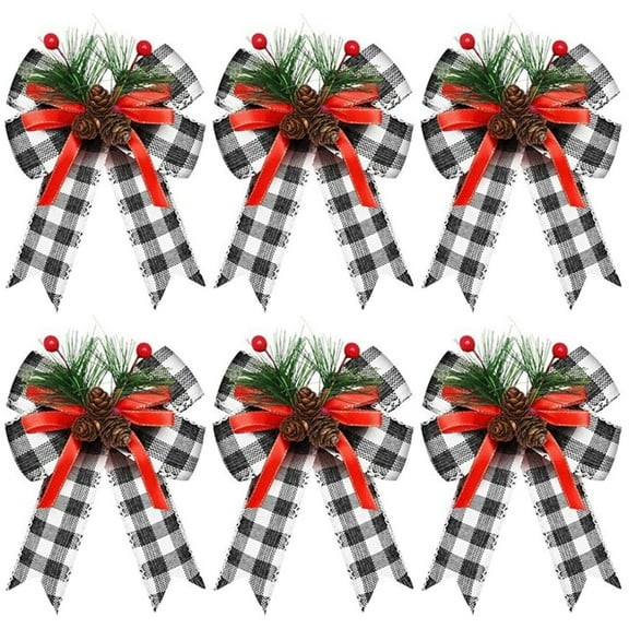 6PCS Buffalo Checkered Christmas Bows With Pinecones And Needles, Black And White Ribbon Bow Decorations For Christmas Tree Wreath Garland