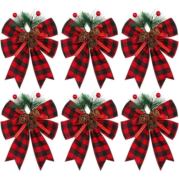 6PCS Buffalo Checkered Christmas Bows With Pinecones And Needles, Red And Black Ribbon Bow Decorations For Christmas Tree Wreath Garland