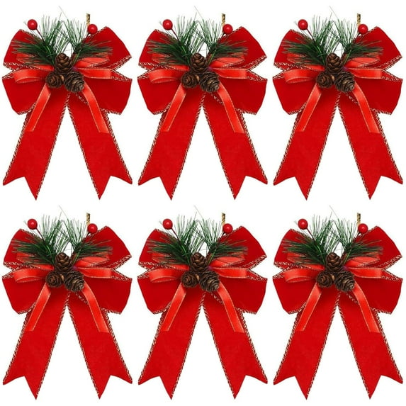 6PCS Buffalo Checkered Christmas Bows With Pinecones And Needles, Red Ribbon Bow Decorations For Christmas Tree Wreath Garland Indoor Outdoor