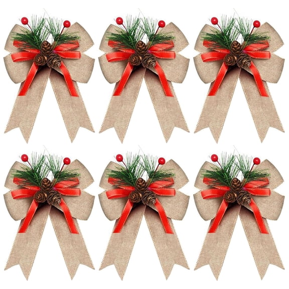 6PCS Buffalo Checkered Christmas Bows With Pinecones And Needles, Yellow Linen Ribbon Bow Decorations For Christmas Tree Wreath Garland