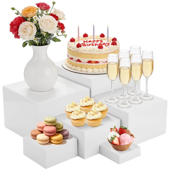 6PCS Buffet Display Risers, 3" to 8" White Acrylic Showcase Boxes Set, Versatile Food & Dessert Display Stands with Hollow Bottoms, Ideal for Weddings, Parties, Jewelry & Retail Presentation