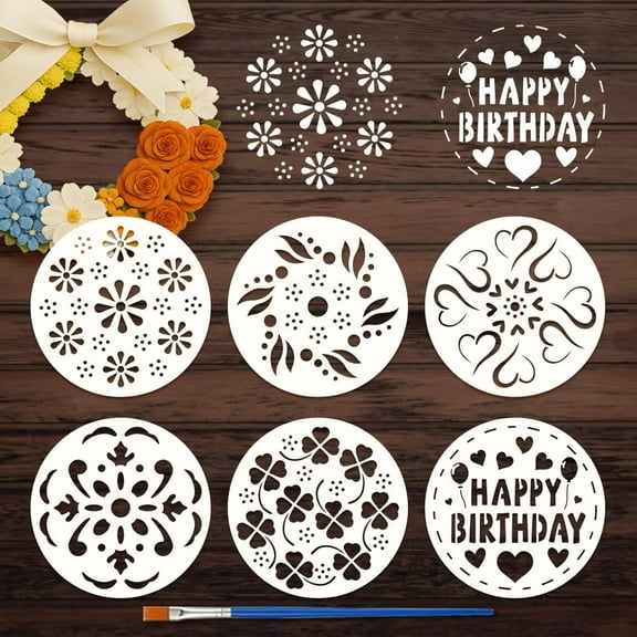 6PCS Cake Stencils with 1Pc Plastic Paint Brush 7.87x7.87inch Birthday Cake Pattern Drawing Template Birthday Themes Stencil for Painting on Wood Canvas Fabric Wall Furniture