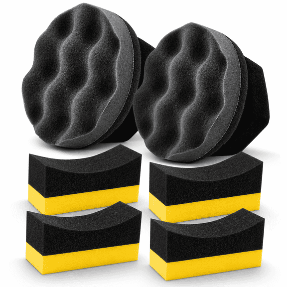 6PCS Car Applicator Pad Set, 2 Round Tire Shine Applicator Pads and 4 Curved Foam Wax Applicator Pads for Tire Dressing, Wax, Polish, Trim and Interior Detailing