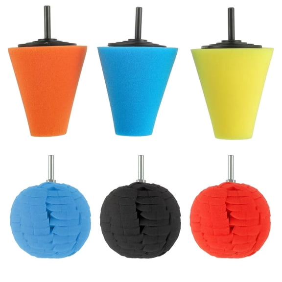 6PCS Car Wheel Hub Drill Buffing Sponge Pads Kit,3 Inch Shank Polishing Pads for Wheel Hub Cleaning, Auto Cone Metal Polish Buffing Polishing Ball,for Automotive Car Wheels Care Buffing Tool