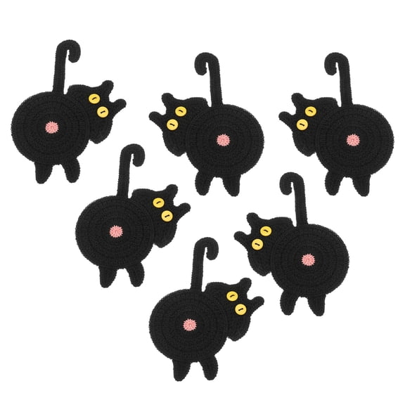 6PCS Cat Coasters, 15CM Cute Coasters Cat Butt Crochet Funny for Desk Adults Home Decor Drinks Gifts Coffee, Black
