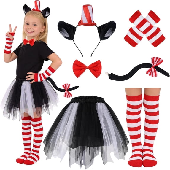 6PCS Cat Costume for Kids Girls, Cat Ear Hat Headband Tutu Bowtie Cat Tail and Striped Socks Gloves Set for Reading Week Halloween Birthday and Cosplay Prty