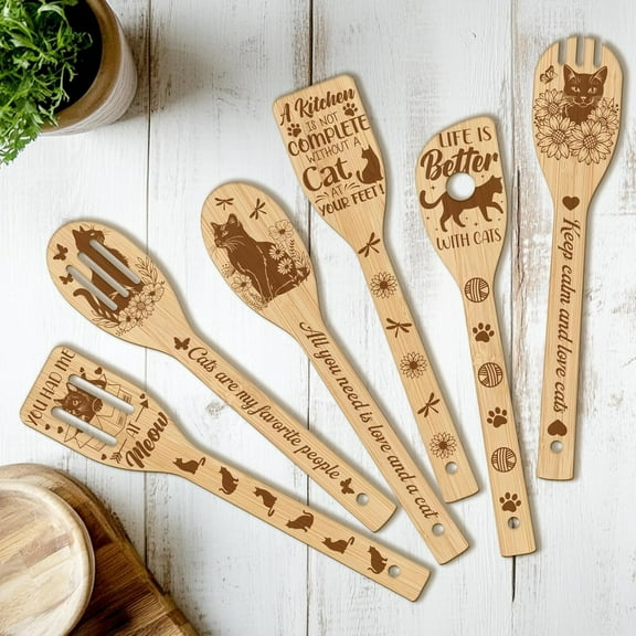 6PCS Cat and Flower Wooden Kitchen Cooking Utensil Set Non Toxic Bamboo Wood Spoon Set for Cooking Best Housewarming Birthday Thanksgiving Christmas Gift for Women Mother BurlyWood