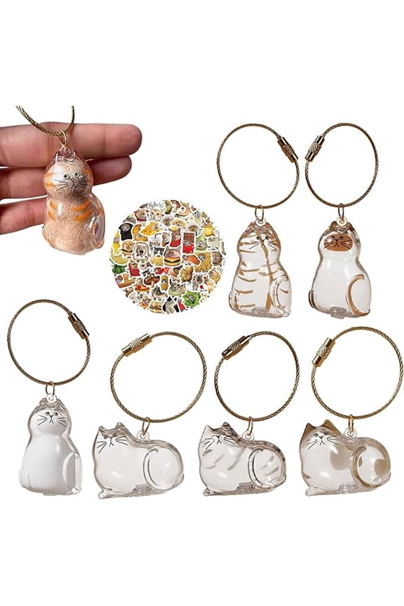6PCS Cat Hair Keychain with 100PCS Cat Stickers,Memorial Gifts Storage Bottle for for Collecting Pet Hair