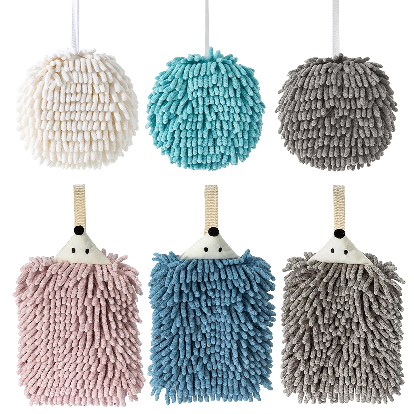 6PCS Chenille Hand Towels, Soft Absorbent Bathroom Hand Towel, Cute Quick Drying Animal Hanging Hand Towels for Kitchen Powder Room Kids (White+Gray+Pink+Blue, Hedgehog)