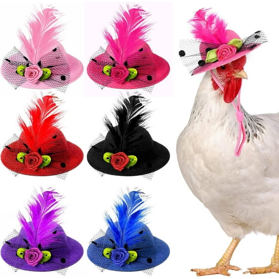 6PCS Chicken Hats for Hen Mini Hat Chicken Helmet Accessories Feather Top Hat Funny Small Hat Tiny Pet Hat with Adjustable Elastic Chin Strap for Animal Costume