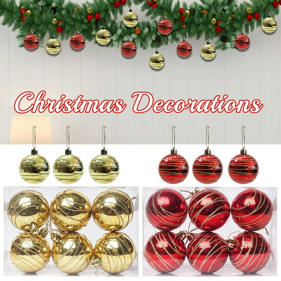 6PCS Christmas Baubles, Shiny Red & Gold Hanging Ornaments, Striped Plastic Tree Decorations, Holiday Party Decor, Festive Tree Hanging Balls for Home, Office & Indoor Decor