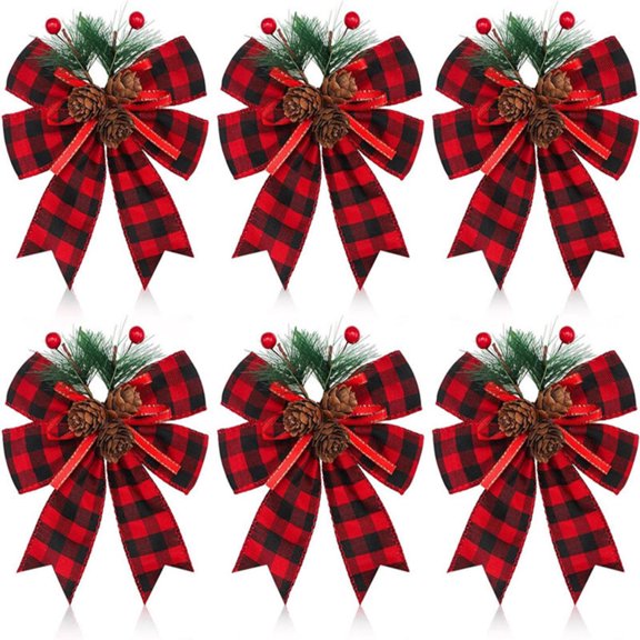 6PCS Christmas Bow With Pine Cones Pine Needles Xmas Checkered Ribbon Bow Christmas Tree Decoration Bows