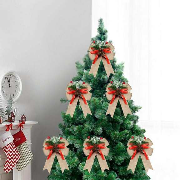 6PCS Christmas Bowknot Ornament, Velvet Plaid Ribbon Tree Decoration, Handmade Holiday Decor for Gift Wrapping Party