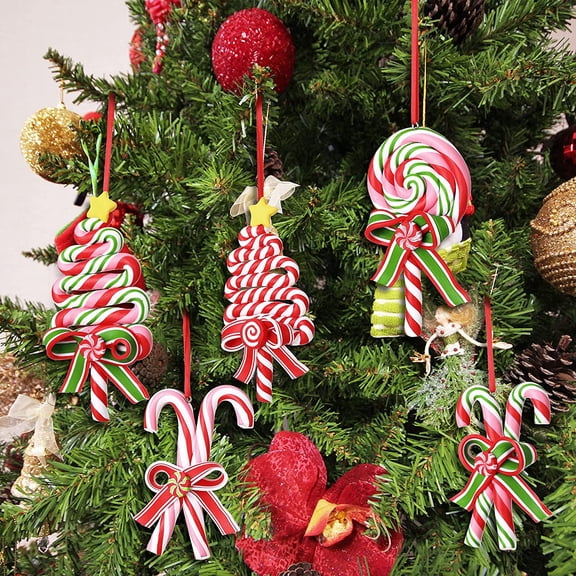 6PCS Christmas Candy Ornaments, Lollipop Candy Cane Hanging Decor, Peppermint Christmas Tree Decoration, Fake Candy Canes for Xmas Wreath Party Crafts