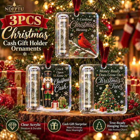 6PCS Christmas Cash Gift Holder Ornaments Clear Acrylic Money Holders for Cash Christmas Tree Hanging Money Card Decorations Stocking Stuffers for Family Friends