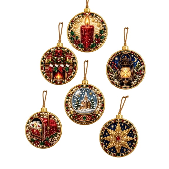 6PCS Christmas Diamond Art Ornament Kit, DIY Round Gem Painting Pendants for Tree & Home Decor, 5D Full Drill Holiday Craft Set for Adults & Beginners, Sparkling Festive Hanging Decorations