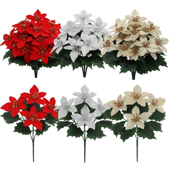 6PCS Christmas Flowers Artificial Poinsettia Flowers 4Heads Winter Floral Arrangement for Christmas Tree DIY Poinsettia Wreath Home Table Centerpiece Proch Front Door Decor