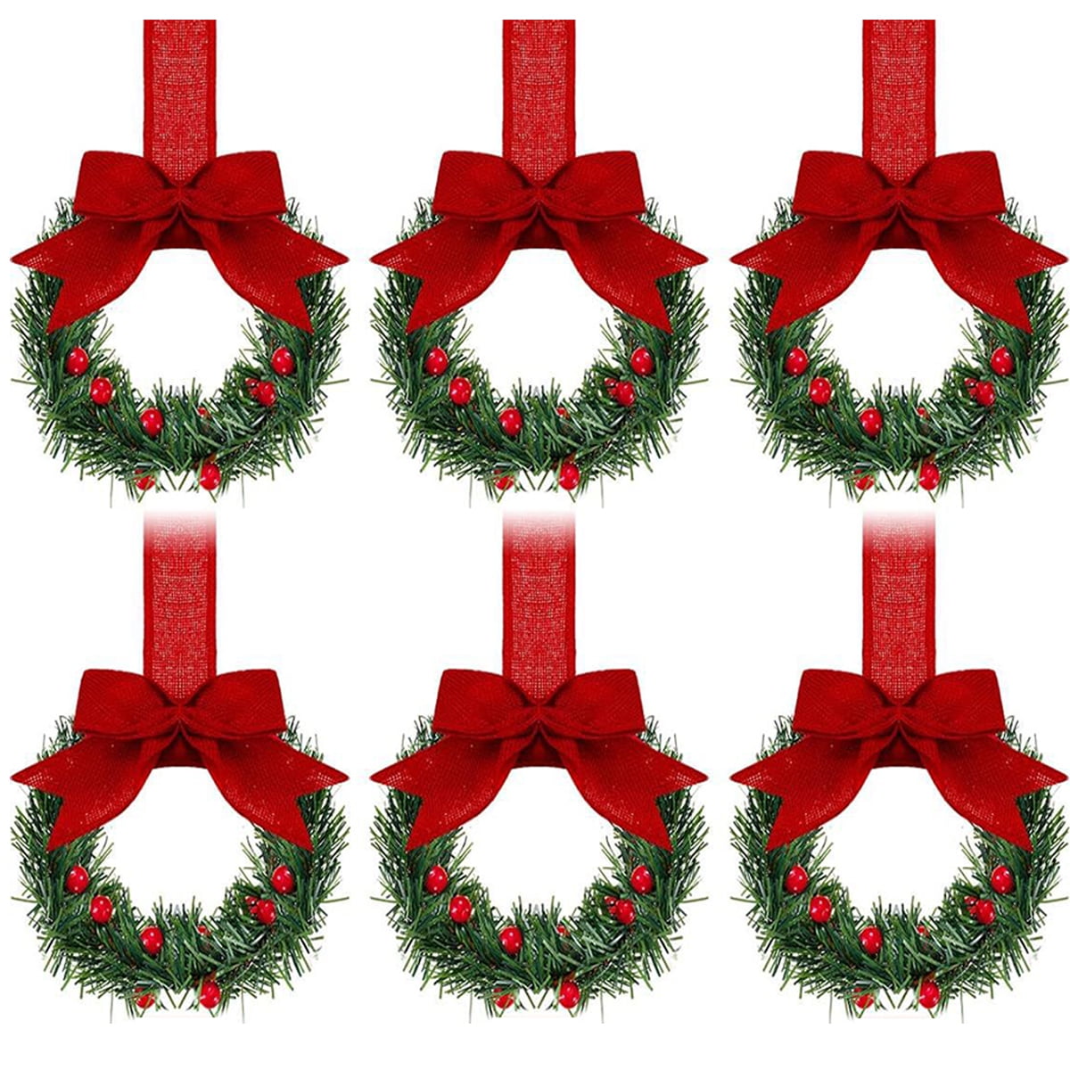 Dalrosia 6PCS Christmas Kitchen Cabinet Wreaths with Plaid Bow Ribbon Hanging Cabinet Doors Wreaths Decorative for Kitchen Window Outdoor Indoor Holiday Decor