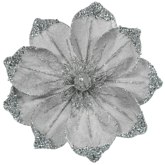 6PCS Christmas Magnolias Artificial Flowers 8" Glitter Christmas Fake Flowers Stems for Xmas Tree Wreath Garland Decoration, Silver and Gray