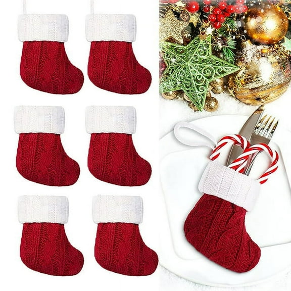 6PCS Christmas Mini Stockings Rustic Stocking Mini Stockings Tableware Holders, Mini Christmas Stockings Knife Spoon Fork Bag for Party Dinner Table Christmas Socks Decorations