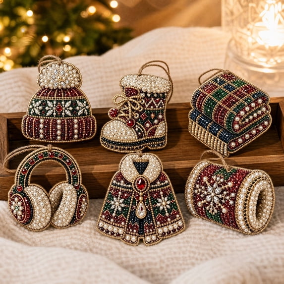 6PCS Christmas Ornaments DIY Beaded Craft Kit, Wooden Christmas Tree Hanging Decorations, Holiday Pendant Decorations for Christmas Tree Home Party Decor