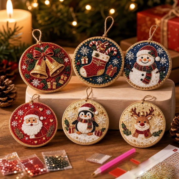 6PCS Christmas Ornaments DIY Pearl Diamond Art Kits for Adults, DIY Craft Christmas Decor, Acrylic Hanging Craft with 3D Mixed-Size Beads for Holiday Window Hanging Christmas Tree Decorations