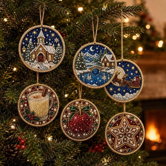 6PCS Christmas Ornaments DIY Pearl Diamond Painting Kit, Rhinestone Art, Hemp Rope Included, Holiday Tree Decor, 6 Festive Designs, Pendant Style