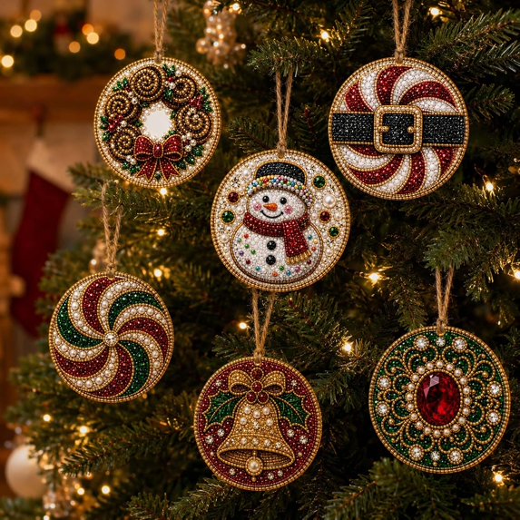 6PCS Christmas Ornaments DIY Pearl Diamond Painting Kit, Rhinestone Art, Hemp Rope Included, Holiday Tree Decor, 6 Festive Designs, Pendant Style