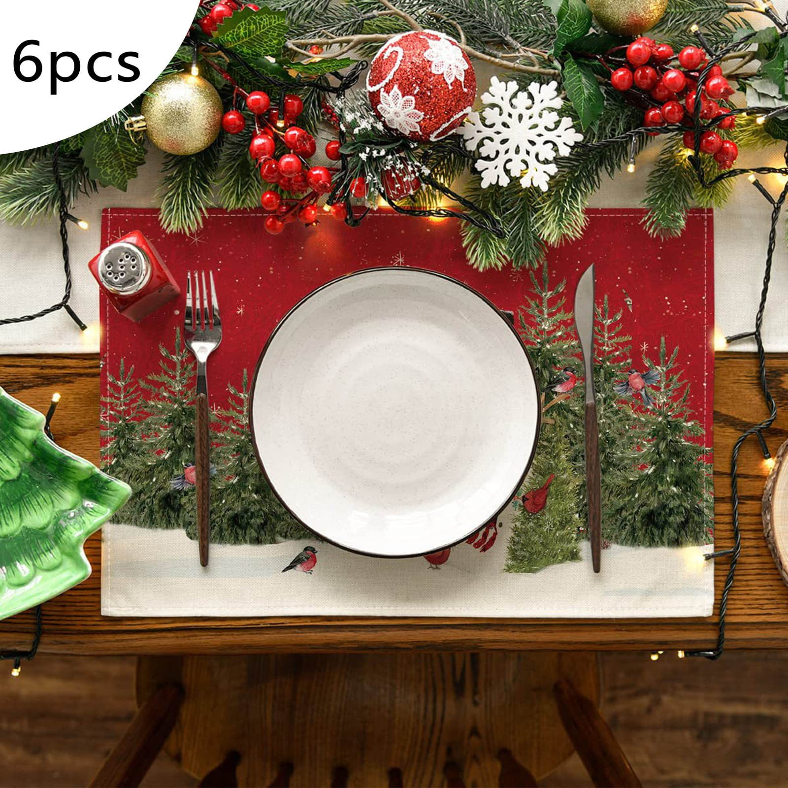 6PCS Christmas Placemat Cotton Linen Tablecloth Thermal Mat Kitchen