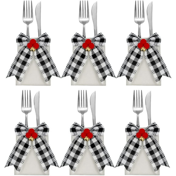 6PCS Christmas Silverware Holder Burlap Utensil Holder Xmas Tableware Holder Buffalo Plaid Cutlery Fork Bag for Christmas Party Dinner Tableware Decoration