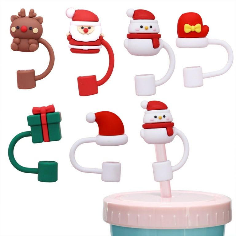 6PCS Christmas Straw Toppers Silicone Straw Covers Beverage Straw