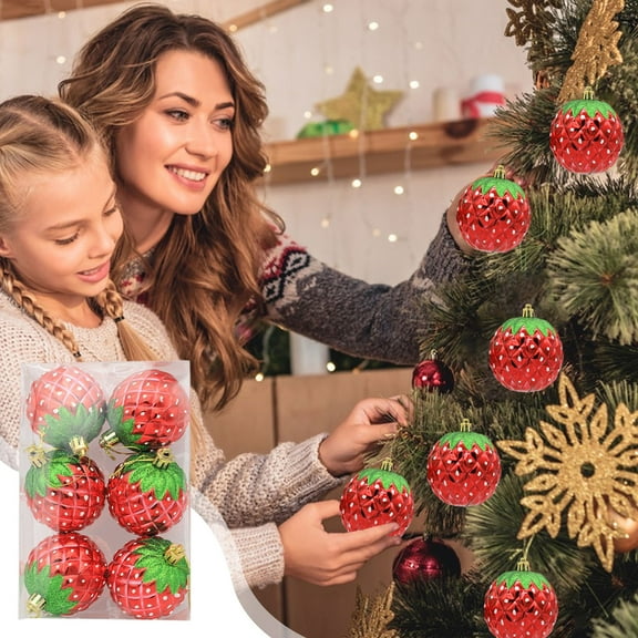 6PCS Christmas Strawberry Balls Ornaments, 3.15" Plastic Shatterproof Fruit Xmas Ball Pendants, Cute Strawberry Shaped Hanging Decorations, for Holiday Wedding Party Home Outdoor Decor