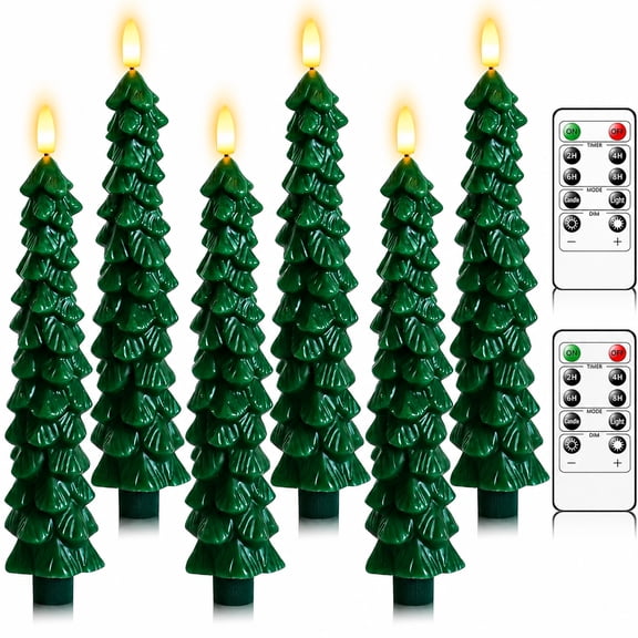 6PCS Christmas Tree Flameless Candles Battery Operated, Real Wax LED Taper Candles with Remote & Timer, 3D Flickering Candlesticks for Mantel Table Centerpiece Christmas Decorations