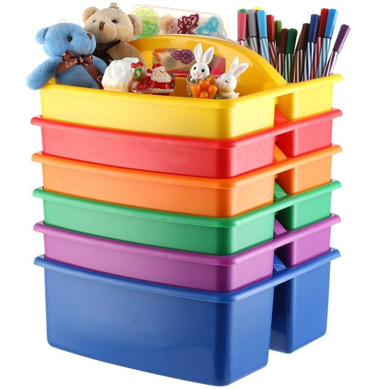 6PCS Classroom Caddy Organizer, Plastic Desk Pantry Bathroom Organizer Toys  Storage Box with Handle, 3 Compartments, Assorted Colors