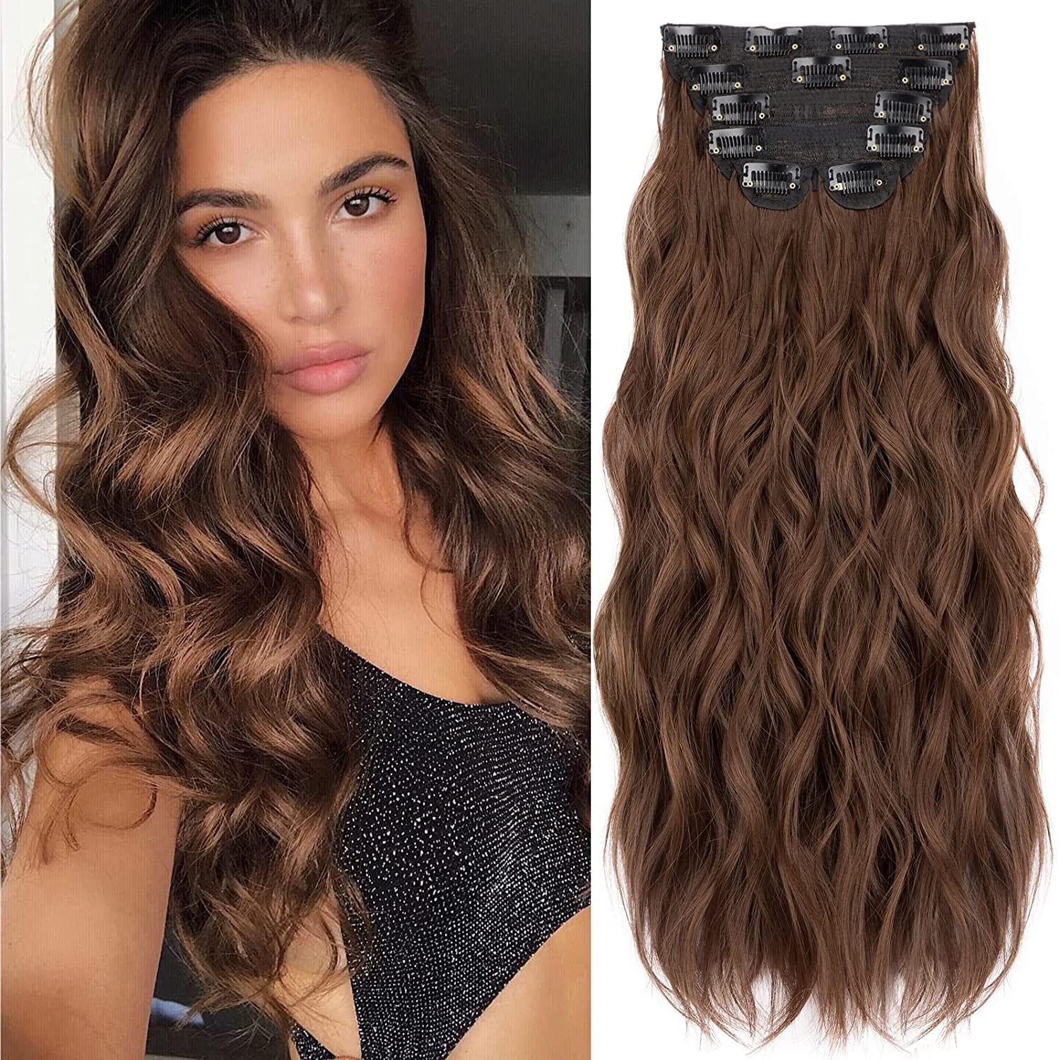 6PCS Clip In Wavy Hair Extensions Synthetic 20 Inch Thick Hair ...